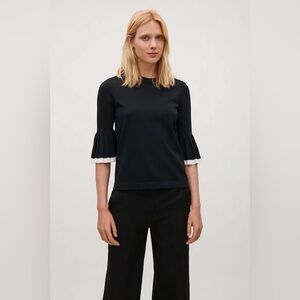 COS | Black Knit Top with Pleated 3/4 Sleeves & contrast cuff S